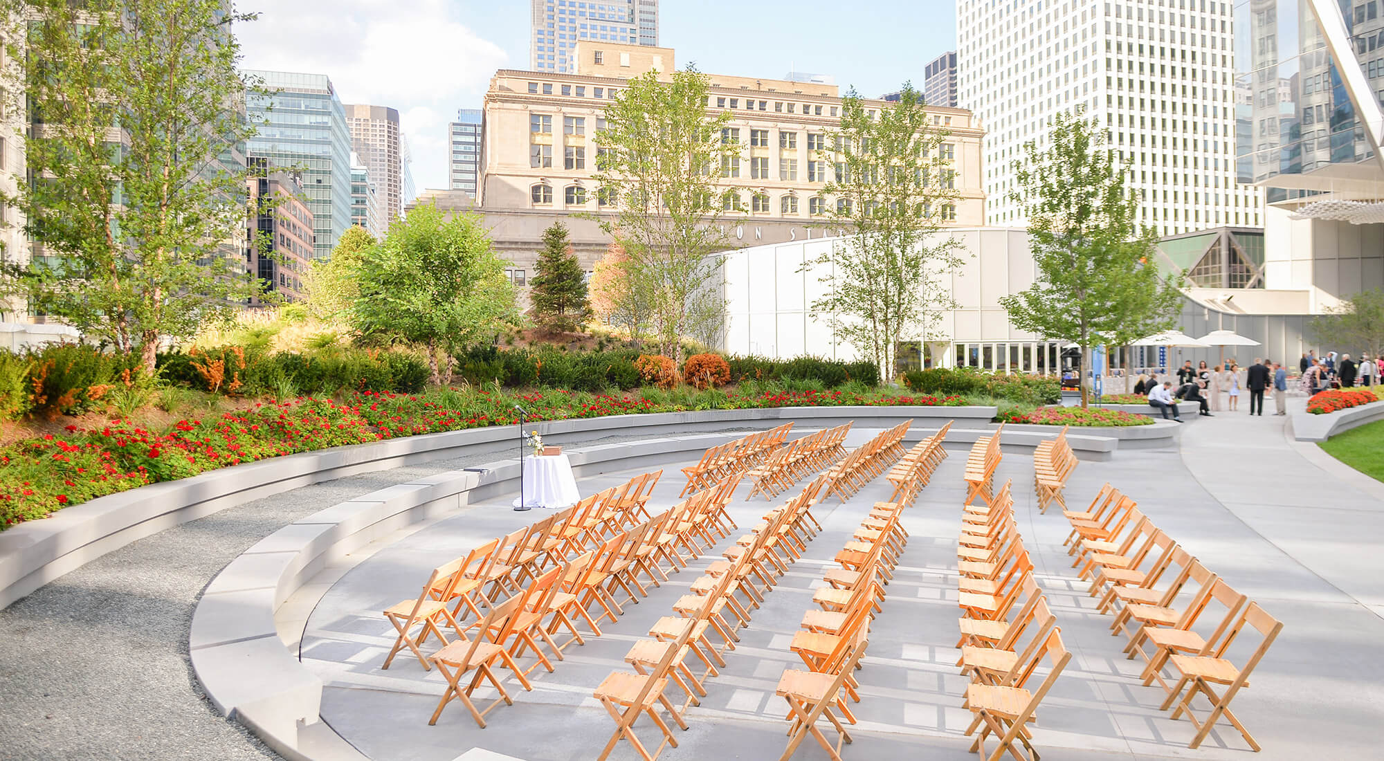 Empty chairs set up for an event in The Green's amphitheater