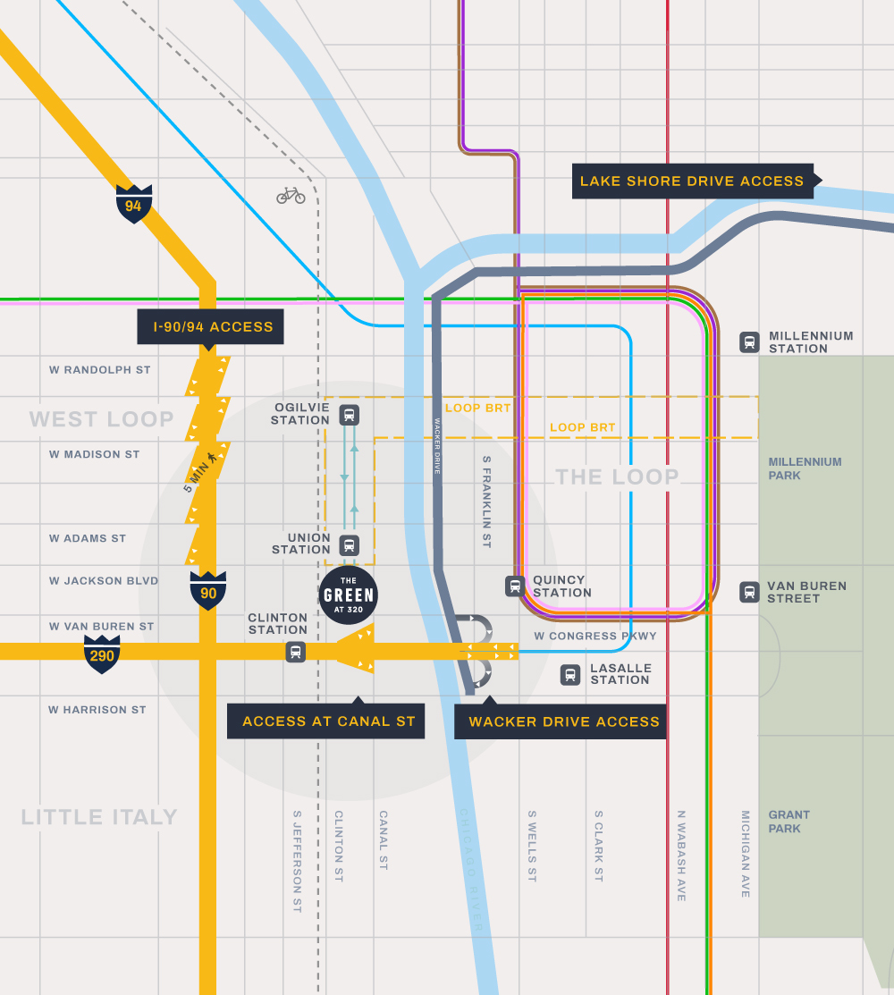 Map graphic depicting The Green at 320's location